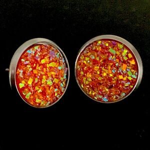 Men’s Crushed Orange Crystal Studs, Iced Out Hip Hop Round Faux Druzy Earrings